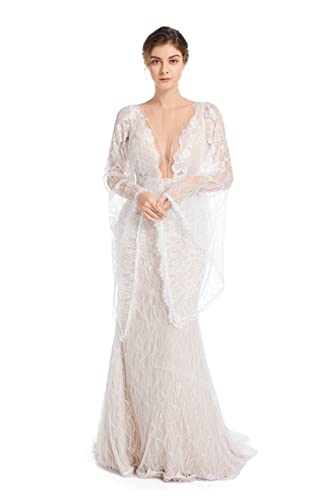 Luxury Lace Flare Sleeves Mermaid Wedding Dress Boho Beach Sexy Deep V Open Back Bridal Gowns4