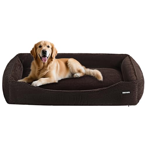 HMTOPE Hundebett, Hundesofa, Hundematte aus Cord, S/M/L, rutschfest, Abnehmbar und Waschbar, Weich und Atmungsaktiv, Braun, 110 x 85 x 27 cm