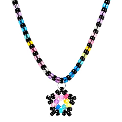 Tondiamo Rave Kandi Star Necklace Rainbow Beaded Lumious Bead Necklace Multi Color Beaded Star Kandi Cuff Rave Accessories for Women Men