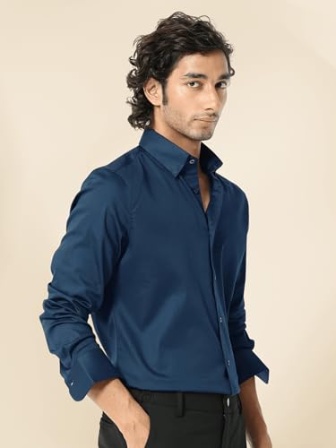Image of IndoPrimo Men's Satin Shirt with Spread Collar Neck Line Solid Pattern Full Sleeves Regular Fit Western Style and Standard Length