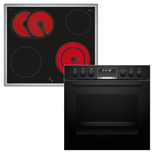 Bosch HND671LS62 Einbauherd-Set, Bestehend aus HEG578BB3 Herd, 60 x 60 cm, Made in Germany, Air Fry, 3D Heißluft, Hydrolyse und Pyrolyse Selbstreinigung, & NKN645GA2E Elektro-Kochfeld, Bräterzone