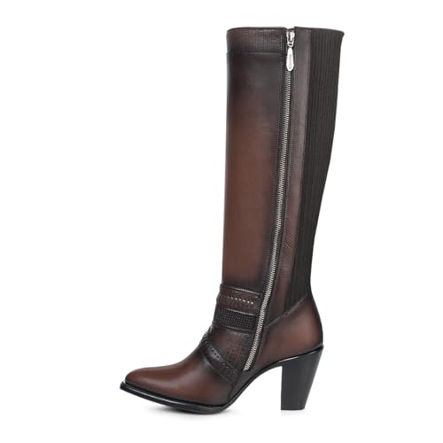 Image of Cuadra Women's Knee-High Leather Boots with Stacked Heel, 3F99RS Brown