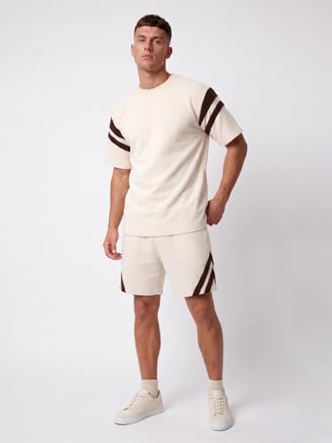 Image of CHKOKKO Men's Co-Ord Set Premium Cotton Blend Oversized T-Shirt & Shorts Cord Set with Side Pockets Round Neck Half Sleeves Solid with Contrasting Stripes Summer or Casual Wear
