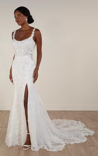 Lace Applique Mermaid Wedding Dresses for Bride with Slit Long Beach Boho Spaghetti Straps V Neck Tulle Bride Gowns4