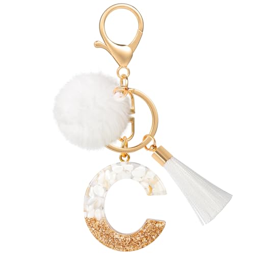 MWOOT Porte Clé Lettre C Peluche Tassel, Initial Résine Personnalisé Keychain Or Blanc, Porte Clef Lettre Pendentif Décoratif, Kawaii Porte Clef Voiture...