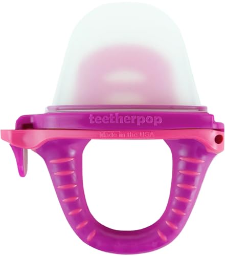 Image of Teetherpop Fillable Silicone Teether for Babies – Cooling Teething Relief - Breastmilk Popsicle Molds for Teething with Spill-Proof Sippy Slits – Pureed Baby Fruit Feeder (FuchsiaPink)