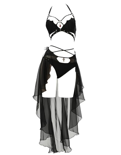 MEOWCOS Black Halter Neck Chest Cutout Two-Piece Swimsuit with Gauze Skirt