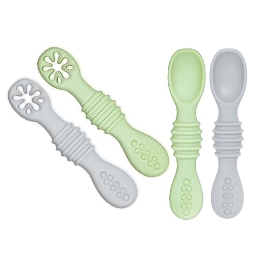 Accesorios De Alimentación, Kitchen uunida baby 4 Cucharas para Bebe Suaves de Silicona Libre de BPA - 2 en 1 Cuchara y Mordedera para Bebe - Kit de Alimentacion Complementaria Bebe - Precucharas...