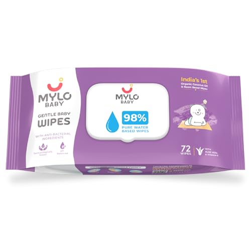 Image of Mylo Baby Gentle Baby Wipes with Lid (72 Wipes, Pack of 1) | With Aloe Vera, Coconut Oil, Neem, & Vitamin E | 98% Pure Water | Dermatologically Tested | pH Balanced | Pack of 1