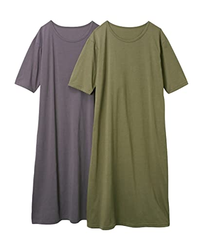 [ニッセン] パジャマ・ルームウェアトップス 3秒ルームワンピ2枚組 綿混 ゆったり 5分袖 ルームワンピース カーキ+チャコールブラウン Mのサムネイル