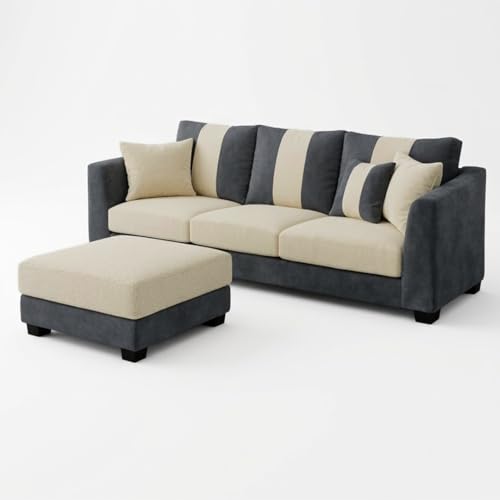 Image of Revo 4 Seater L Shape Sofa Set with Movable Ottoman | Flexible Left or Right Layout | Luxury Velvet Suede Fabric | Modern Living Room Sofa | Dark Grey-Cream