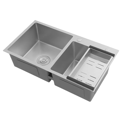 Lavello da incasso con sgocciolatoio, scolapasta, lavello da incasso, di qualità alimentare, rettangolare, in acciaio inox, liscio (doppia vasca)