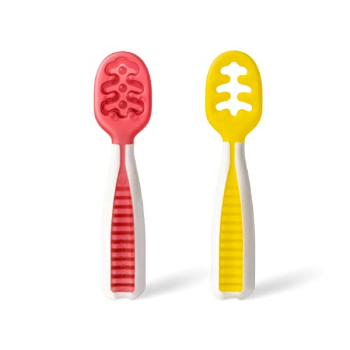 Image of NumNum Pre-Spoon GOOtensils | Baby Spoon Set (Stage 1 + Stage 2) | BPA Free Silicone Self Feeding Toddler Utensils | For Kids Ages 6 Months+, 1-Pack, 2 Spoons, Raspberry Red/Sunshine Yellow