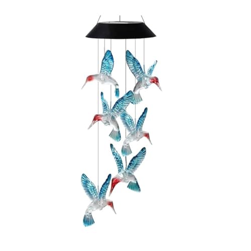Solar Hummingbird Wind Chimes – Waterproof Color Changing LED Outdoor Garden & Balcony Hanging Light- Blue/Green (Blue)