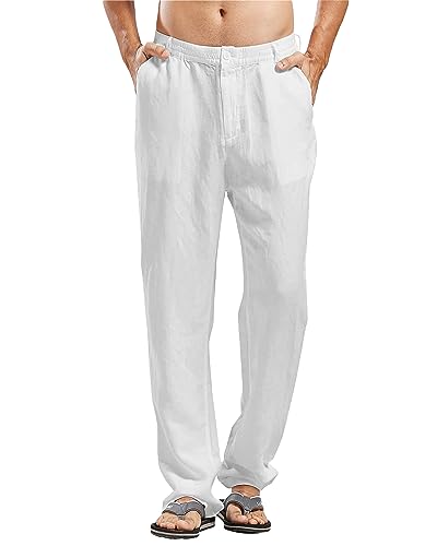 LVCBL Pantaloni lunghi da uomo, in lino, leggeri, vestibilità larga, per il tempo libero, taglia M-3XL, bianco, M