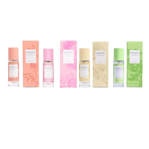 AMICHI - Colonias Mujer Azahar Dream + Intense Bouquet + Mandarine Musk + Fruity Rose, Pack de 4 x 12 ml, Formato Viaje en Spray, Perfume, Eau de Toilette Femenina, Fragancia Fresca