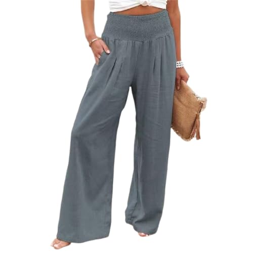 Pantalones Palazzo de lino para mujer, cintura alta, pierna ancha, pantalones de playa, pantalones de verano Vogue, pantalones deportivos sueltos y acogedores, Gris-a, 3XL