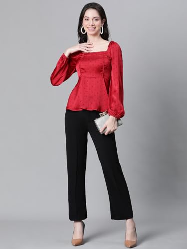 Image of Women Solid Round Neck Elasticated Polka Print Long Sleeve Top