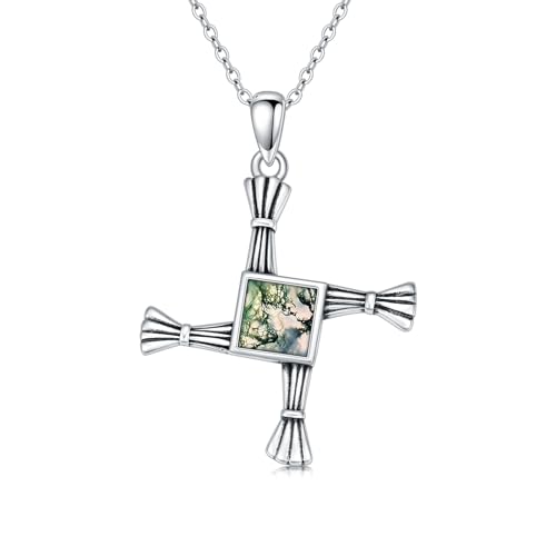 St Brigid’s Cross Necklace 925 Sterling Silver Brigid Cross Moss Agate/Abalone Pendant Christian Protection Irish Jewelry Gifts for Men Women