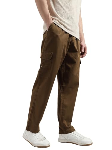 Image of Veirdo Pure Cotton Baggy Fit Regular Length Mid Rise 4 Pocket Cargos for Men (Colors: Black, Olive, Grey, Brown & Navy)