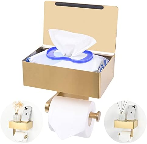 YRONG Adhesive Toilet Paper Holder with Shelf and Storage, Wall Mount Toilet Paper Roll Holder & Flushable Wipes Dispenser Set Fits Any Bathroom, Stainless Steel Tissue Holder-Round, Gold