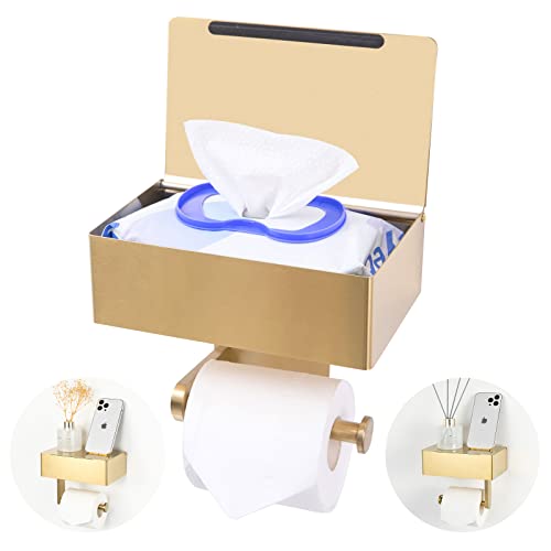 Yrong Adhesive Toilet Paper Holder With Shelf And Storage, Wall Mount Toilet Paper Roll Holder & Flushable Wipes Dispenser Set Fits Any Bathroom, Stainless Steel Tissue Holder-Round, Gold #TOP12