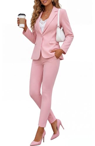 Kelyaa Womens 2 Piece Suit Set Business Casual Slim Fit One Button Blazer and Pant Suit for Office Work Professional Outfits Pink 8-10