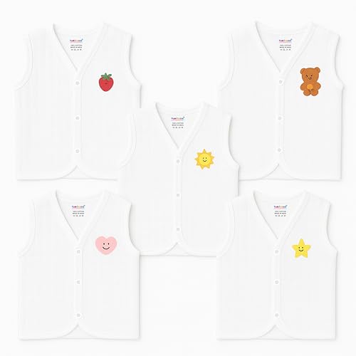 Image of 5 piece Premium Muslin Jabla vest With Snap button| Newborn | for Boys & Girls | Comfy Jabala | Sleeveless dress | Baby Products | Casual Clothing | Size - Newborn - 3months- White