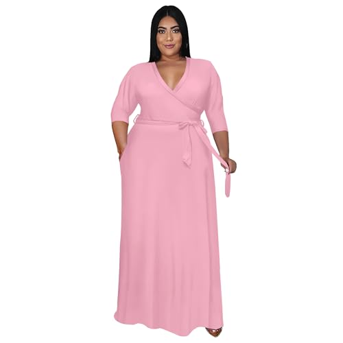 Image of Nmoder Plus Size Maxi Dress for Women - Summer Casual 3 /4 Sleeve Floral Flowy Long Dress with Belt XL- 6XL