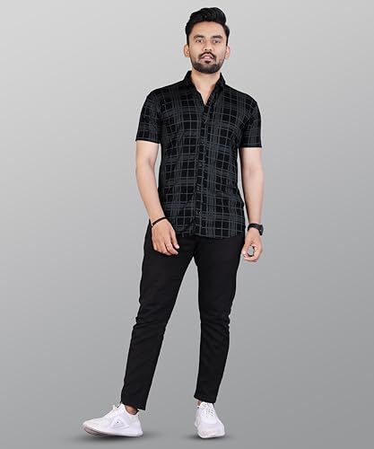 Image of LookMark Men's Stylish Lycra Blend Half Sleeve Shirt with Spread Collar - Featuring Trendy Prints for Casual Wear
