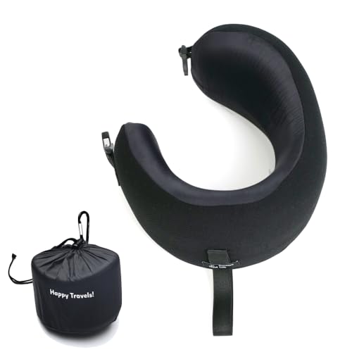 Cushion Lab Extra Support Travel Pillow, Award-Winning Patented Ergonomic Design for Chin & Neck Support Memory Foam Neck Pillow, Compact Airplane Pillow for Traveling, Flight, Car (Black, Medium)