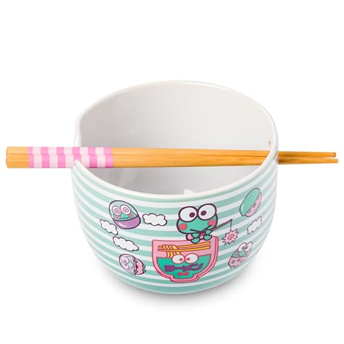 Silver Buffalo Sanrio Hello Kitty and Friends Keroppi Fishing Green Stripes Ceramic Ramen Noodle Rice Bowl with Chopsticks, Microwave Safe, 20 Ounces