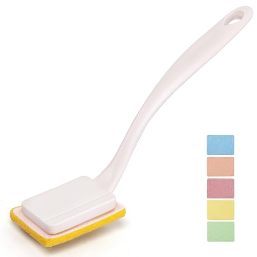 Image of Dish Brush with Handle,Non-Scratch Household Cleaning Brushes Dishwand with 5 Sponge Refills for Pans, Pots, Sink & Tubs,White