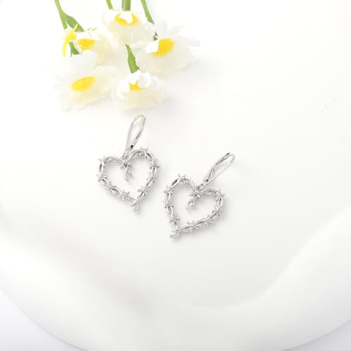 Silver Thorn Heart Dangle Earrings - 925 Sterling Silver Gothic Vintage Barbed Wire Hearts Earrings for Women Man Fans Concert Halloween Jewelry Gift3