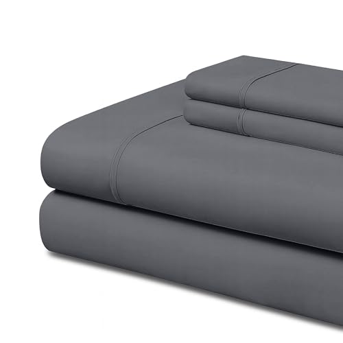 EasyCosy Laken Set 4-delig met bies – Hoeslaken 135x200 cm + Vlak laken & 2 Kussenslopen 50x75 cm – Tweepersoonsbed – Grijs, Microvezel, OEKO-TEX gecertificeerd