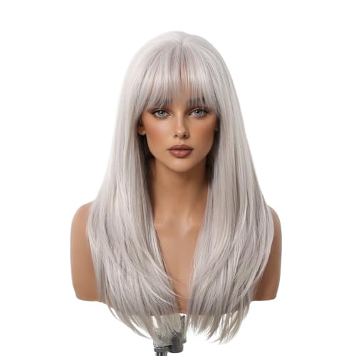 Peluca de pelo sintético resistente al calor larga lisa gris con flequillo anti-enredos