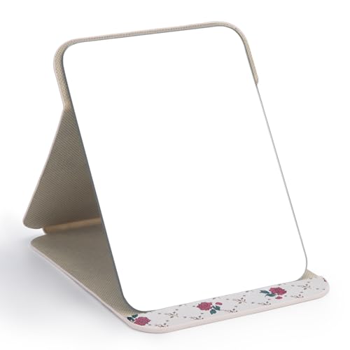 WISYOK Espejos de Mesa Portátil, Espejo Maquillaje Plegable, Espejo de Mano de Cuero PU, Super HD Espejo De Viaje con Soporte Ajustable para Escritorio Baño Dormitorio Camping - 21x15cm (Impreso)