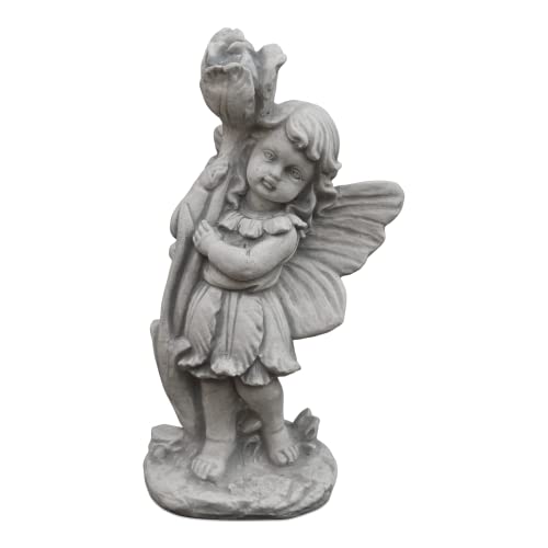 gartendekoparadies.de Elfe mit Rose, Steinfigur, H. 32 cm, 3 kg, Grau, frostsicher aus Steinguss...