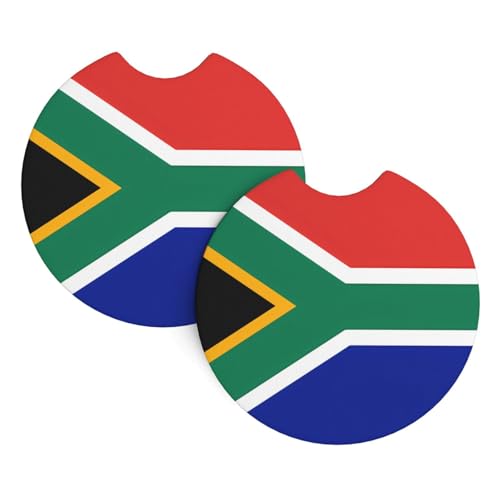 Lot de 2 sous-verres de voiture avec motif drapeau de l'Afrique du Sud - 6,9 cm - Avec encoche de doigt - Pour homme et femme