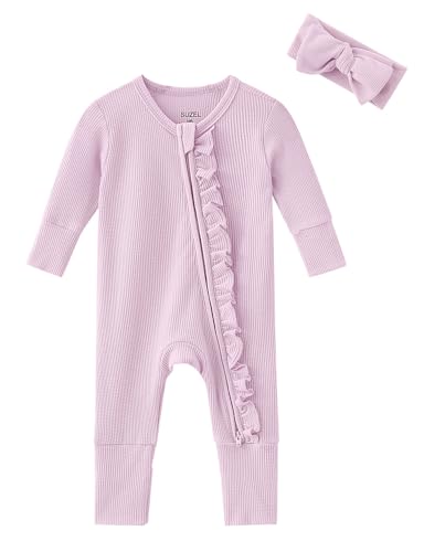 Image of SUZEL Newborn Girl Clothes Baby Ruffle Romper w/Headbands One-Piece Waffle Jumpsuit Coming Home Outfits
