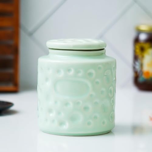 Image of Ceramic Storage Jar with Lid for Kitchen 800 ml | Decorative Ceramic Container for Tea, Coffee, Sugar, Spices, Cookies & Snacks | Multipurpose Countertop Food Storage Canister for Home | Green
