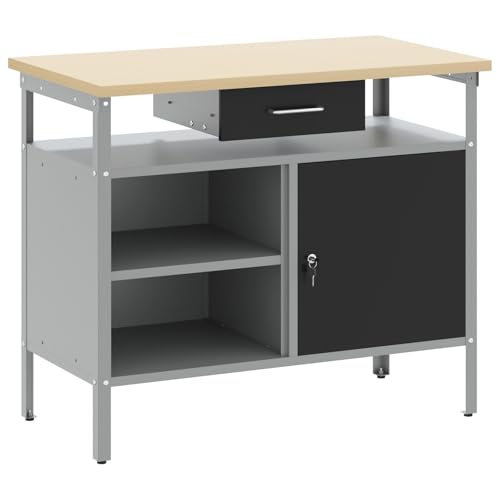 vidaXL Moderno banco de trabajo de acero con espacio de almacenamiento ajustable, niveles de estantería, mesa de manualidades duradera para taller, color negro y gris, uso pesado en interiores,