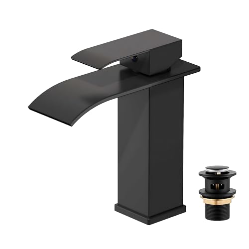 Asinse Toilet Tap with Sink Plug Basin Taps Mixer Waterfall Bathroom Sink Tap Mixers Stainless Steel Bath Faucet with Pop Up Sink Waste Black