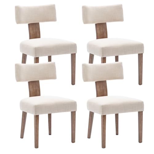 Ya-Home Chaises Bois Salle à Manger Lot de 4 Chaise Salle a Manger Rétro, Coussin en Lin, Pied en Bois Massif, Chaise de Cuisine Confortable, Beige