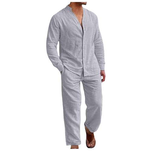 Beokeuioe Herren Urlaub Yoga Strandhemd Hose Set Zweiteiliger Leinenhemd +...