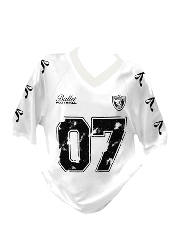 Image of RoseSeek Girl's Jersey Y2K Oversized Graphic Number Print Tops V Neck Short Sleeve T Shirt Hip Pop Tee Streetwear