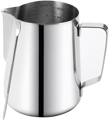Nicunom Milk Frothing Pitcher 32oz Stainless Steel Steaming Pitcher with Decorating Art Pen, Milk Coffee Cappuccino Latte Art Barista Steam Pitchers Milk Jug Cup for Espresso Machines Latte Art