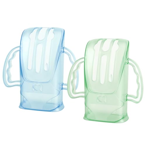 Image of Squeeze Proof Holder for Food Pouches & Drink Boxes, Universal Multipurpose Design, Baby Pouch Holder Makes Baby More Fond of Self-Feeding and Prevent Messes, Easy Grasping Handles (Blue & Green)