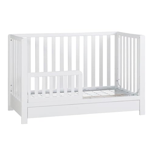 Image of Pemberly Row Contemporary 4-in-1 Convertible Crib with Drawer, Sustainable Pine Wood, White Finish, Adjustable Mattress Height, Modern Nursery Furniture, Converts to Toddler Bed, Daybed, Full-Size Bed
