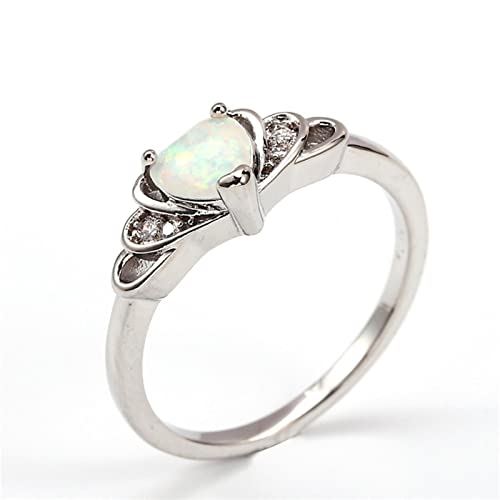 BIOLIVING Anillo De Piedra De Ópalo De Fuego Blanco para Mujer, Anillo De Compromiso Fino De Color Plateado, Anillos De Boda con Corazón De Cristal para Mujer